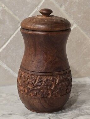Vintage Turned Wood Art Floral Carved Lidded Storage Jar Canister Organic Modern